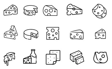 Cheese Doodle hand drawn line icon set. Different piece slice cheese for menu, design restaurant, cafe. Vector illustration