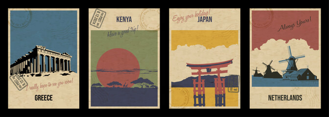 Netherlands, Japan, Kenya, Greece Main Attractions Postcard Set, Windmills, The Floating Gate, Savannah, Parthenon Vector Templates Retro Style Greeting Cards with handwriting wishes. Postal Imprints,