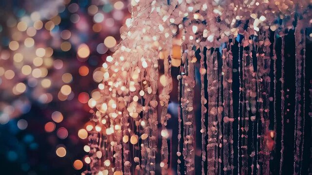 Abstract background. A cascading curtain of shimmering, beaded strands creates a mesmerizing display of light, with soft bokeh in the background