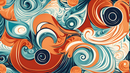 Fototapeta premium A colorful abstract painting with blue, orange, and white swirls