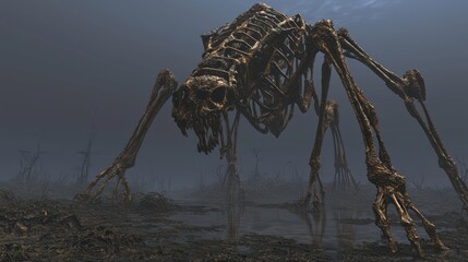 Fototapeta premium Eldritch Abomination: Sinister Biomechanical Creature in Twisted Landscape