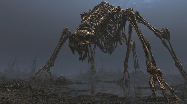 Eldritch Abomination: Sinister Biomechanical Creature in Twisted Landscape