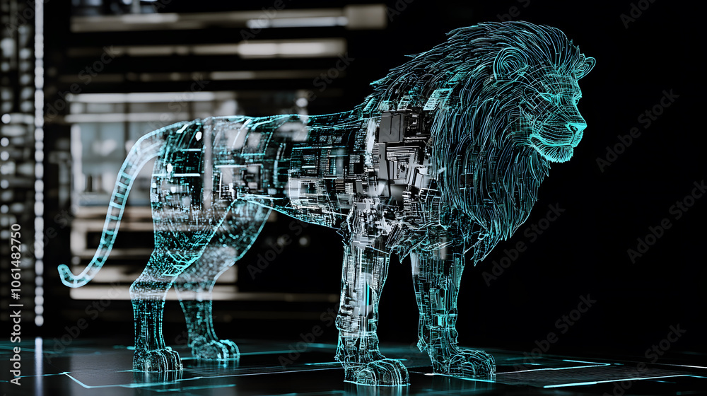 Poster a digital, holographic lion surrounded by technological elements, symbolizing strength and innovatio