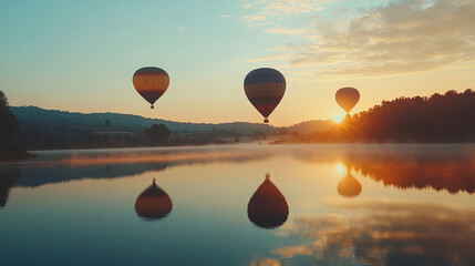 Breathtaking hot air balloons float over calm lake at sunrise, creating stunning reflections on water surface. serene landscape evokes sense of peace and tranquility