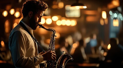 Closeup of a saxophonist playing in a small, intimate venue, with warm lights and a captivated audience, Saxophonist in intimate venue, Cozy and engaging