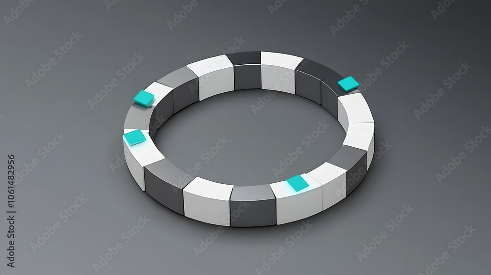 Poster a circular arrangement of interlocking geometric shapes in a modern design, featuring contrasting co