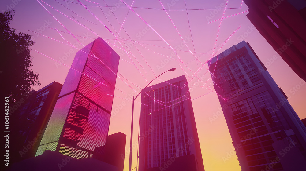 Poster a vibrant cityscape featuring tall skyscrapers under a colorful sunset, illuminated with neon lights