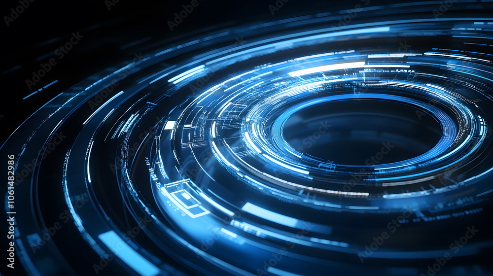 Poster a vibrant, abstract representation of concentric circles with glowing blue and white lines, evoking 