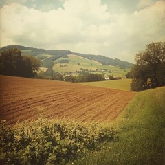 Fototapeta premium Hillside tapestry in Switzerland: emerald meadows and plowed fields