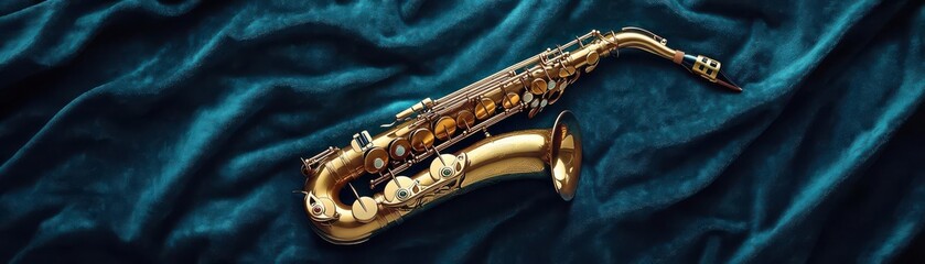 Obraz premium Closeup of a vintage saxophone, with worn keys and a classic design, resting on a velvet cloth, Vintage saxophone, Nostalgic and classic