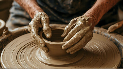 Close up of hands working clay on potter's wheel. Potter shapes the clay product with pottery tools on the potter's wheel, top view, craft factory authentic. 