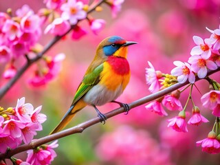 Fototapeta premium Serene Scene of a Pink Bird on a Branch with Blossoming Flowers in a Dreamy Pink and Yellow Background