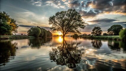 Serene Silhouette of a Tranquil River with Reflective Water and Lush Trees Surrounding a Central Tree at Dusk