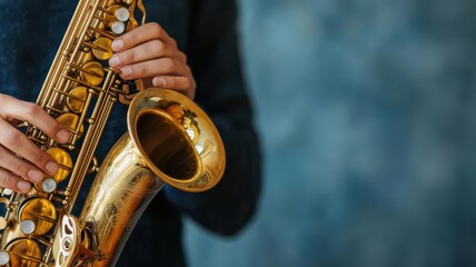 Obraz premium Closeup of a hand adjusting the keys on a saxophone, focusing on the musician s craft, Adjusting saxophone keys, Precise and handson