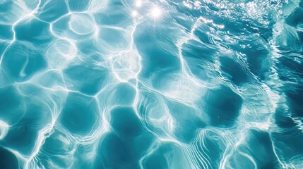 Crystal-clear water surface with soft blue ripples and intricate reflections from sunlight, creating a soothing and serene effect. Ideal for calming backgrounds, nature-inspired designs