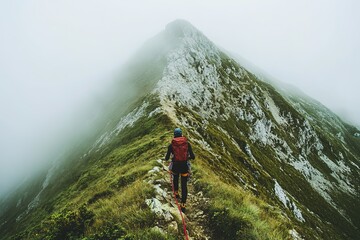 Hiker ascending misty mountain trail, solitude in nature - Powered by Adobe