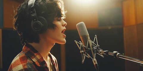 Singer recording music in studio with microphone