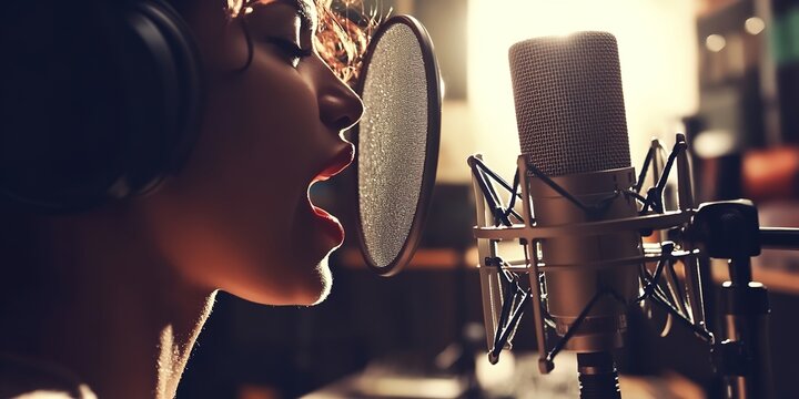 Close-up of a female singer recording a song in a studio