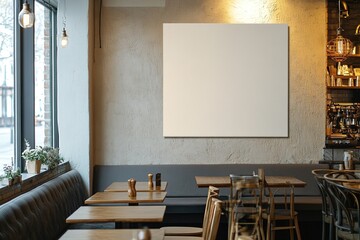 Blank canvas in cozy cafe interior with wooden furniture