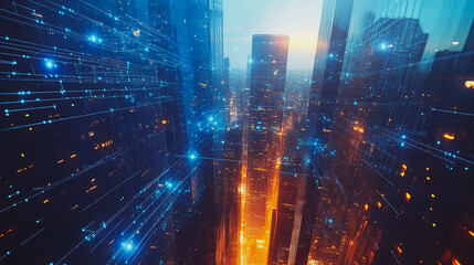 Obraz premium Smart digital city with connection cyber security network reciprocity over the cityscape . future smart wireless digital city and social media networking systems that connects people within the city