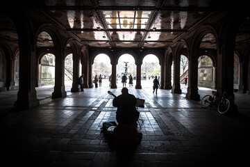 Man playing a guitar in Central Park , New York , USA