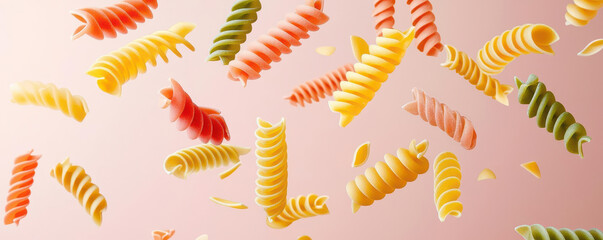 Variety of pasta shapes in midair, rotating as they fall, vibrant colors, bright background, falling pasta variety, 3d illustration
