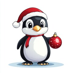 Fototapeta premium A cheerful cartoon penguin in a Santa hat holding a festive ornament, perfect for holiday celebrations and winter themes.