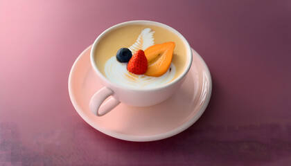 A delightful coffee cup featuring creamy topped with colorful fruits and decorative elements on a pastel plate.
