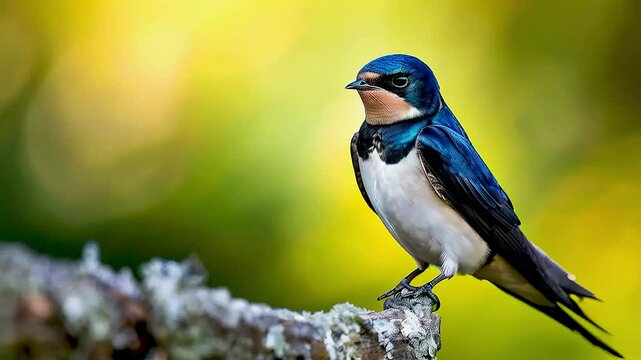a barn swallow  perched on  a tree stump