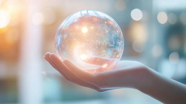 A hand holding a digital, glowing sphere with a network connection and data transfer concept on a blurred office background