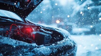 Winter roadside car breakdown with open hood showing engine and portable jump starter booster attached to battery in snowy landscape. Rescue,hope,survival,solution,challenge,overcoming obstacles
