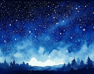 Beautiful star-filled night sky with countless stars and a faint Milky Way, above a peaceful forest silhouette and distant hills.