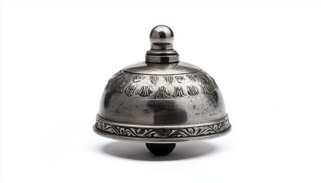 A vintage metal bell with a decorative design, often used in service settings to signal attention or call for assistance.