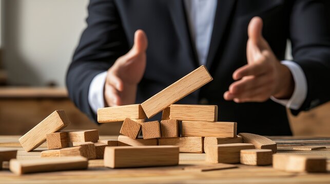 Businessman strategizing with wooden blocks on a table, showcasing thoughtful decision-making.