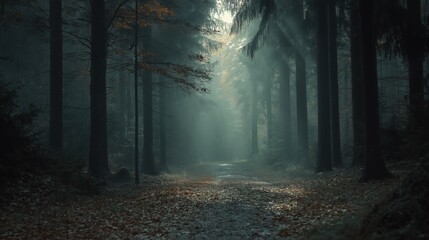Fototapeta premium In a serene woodland, a winding path is revealed, covered in fallen leaves, as gentle beams of light break through the towering trees above, evoking a sense of peace.
