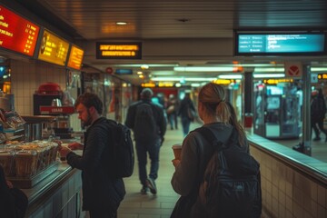 Busy subway station with people walking and waiting in line. Bright illuminated signs guide travelers. A modern and dynamic urban atmosphere. Generative AI