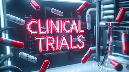 Colorful representation of clinical trials with pills and laboratory equipment on a neon backdrop.