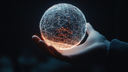 Hand holding a glowing digital network sphere on a dark background, a technology concept