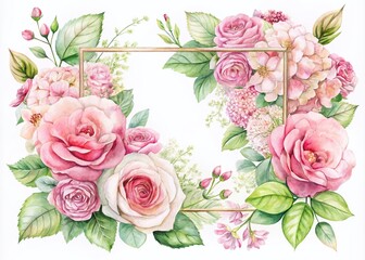 Square Frame of Pink Roses and Hydrangea - Beautiful Watercolor Floral Illustration for Elegant Projects, Invitations, and Home Decor - Long Exposure Effect Capturing Softness and Serenity