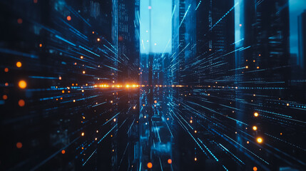 Naklejka premium Smart digital city with connection cyber security network reciprocity over the cityscape . future smart wireless digital city and social media networking systems that connects people within the city