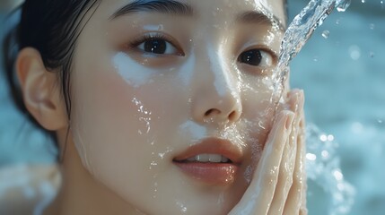 Fashion commercial advertisement. Radiant natural skin asian woman washing her face with water pouring down for facial aesthetic skincare ad