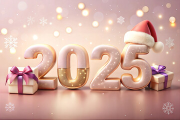 Christmas holiday background, Gold Merry Christmas 2025 poster design, gift and Santa's hat. New Year's greeting card