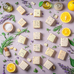 Artisan Soap Bars with Fresh Herbs and Citrus Arrangement