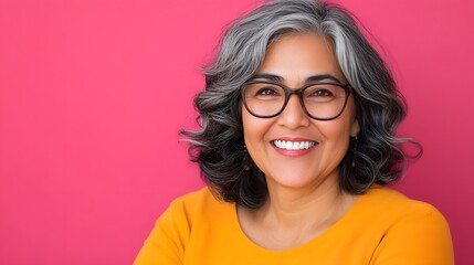 Obraz premium Mature hispanic woman with gray hair and glasses smiling over an isolated pink background