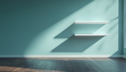 Fototapeta premium A minimalist interior featuring a turquoise wall and two floating shelves casting shadows on a wooden floor.
