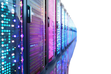 A high-tech server room with rows of illuminated server racks