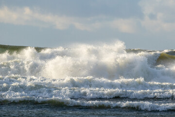 Stormy sea and foamy waves at the coast of The Baltic Sea near Paldiski, Estonia, Northern Europe