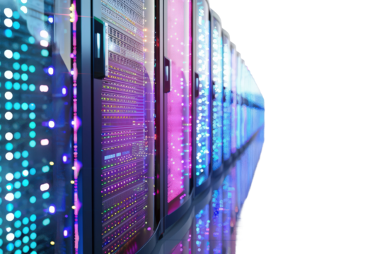 A high-tech server room with rows of illuminated server racks