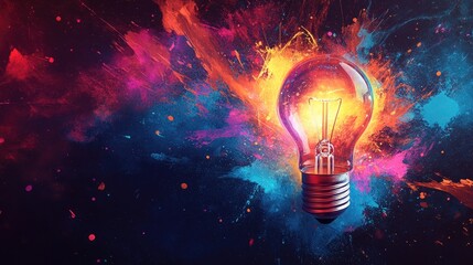 Colorful splashes of blue, pink, and orange paint explode around a glowing light bulb, representing creativity and innovation. The glowing filament and dark background create a dramatic