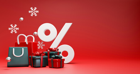 red and green gift box, shopping bag, white percentage icon on red background, showcase product, discount, christmas concept, 3d render	